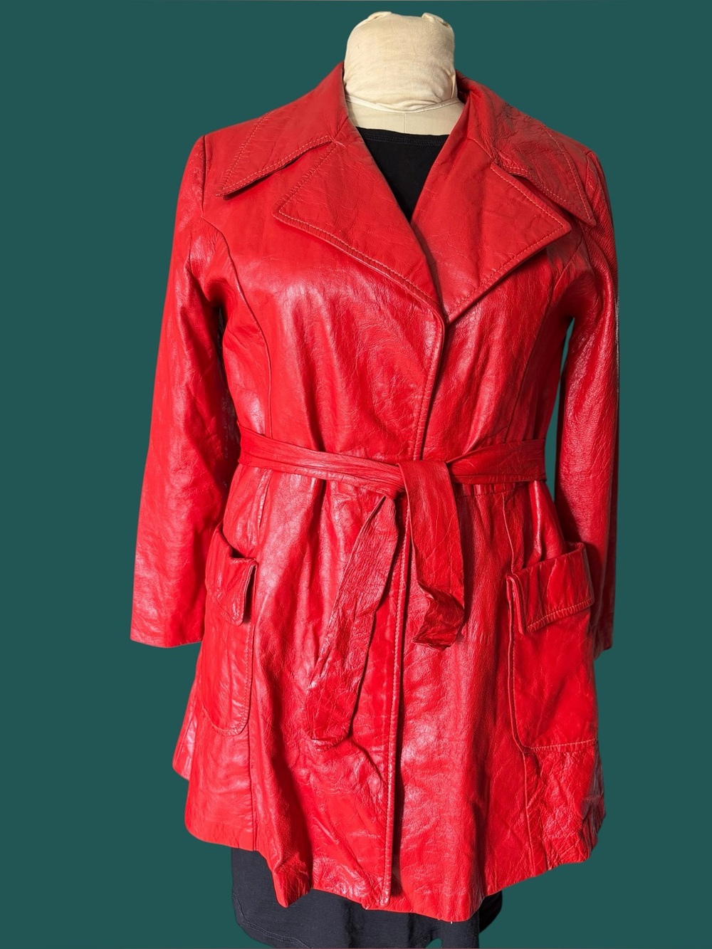 Rare Vintage 1970s Wilsons Beverly Hills Red Leather Trench Coat Jacket Boho M/L